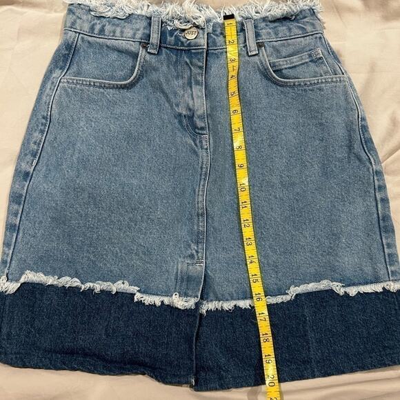 JUST Jean Skirt Two Tone Zip Frayed RARE Streetwear Modest Denim Y2K Knee Length - Picture 10 of 10